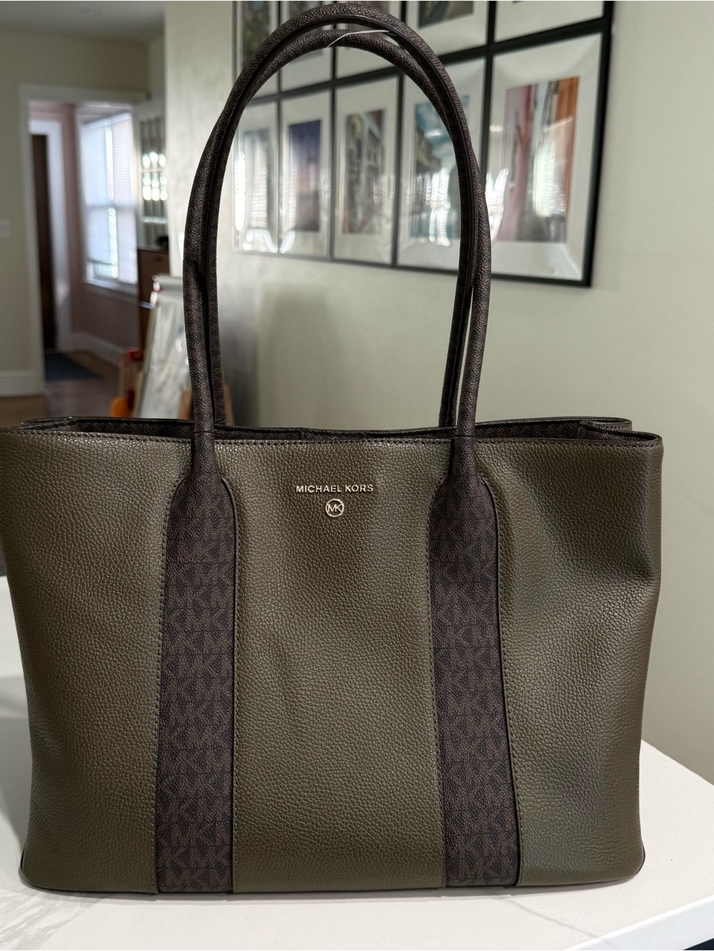 Michael Kors Olive and Dark Brown Austin large Leather Tote